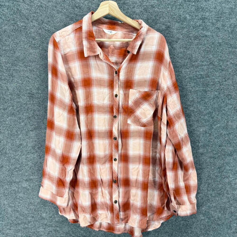 Terra & Sky Shirt Women 2X Plus Brown Plaid Button Up Collared Long Sleeve